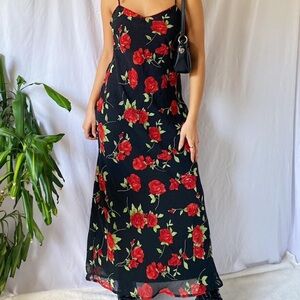 All that Jazz Black Maxi Dress with Red Floral Design